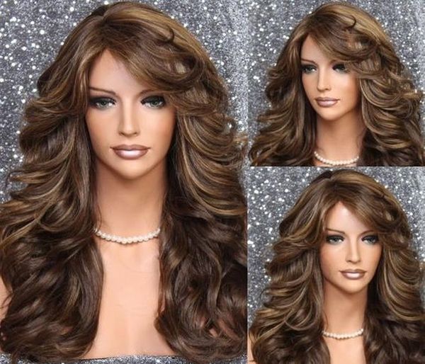 

dyed split wig fashion women's golden brown tapered long curly hair big wave hair wig hairline for black women, Black;brown