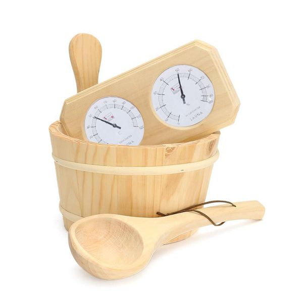 

new thermometer hygrometer dipper + bucket 3pcs set pine wood sauna accessory set 20-140c sauna bucket wooden barrel sauna tool bucket