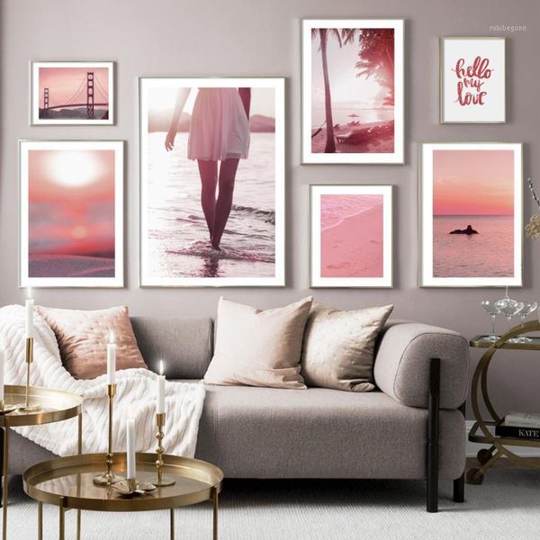 

pink beach girl sunset bridge love quotes wall art canvas painting nordic posters and prints wall pictures for living room decor1