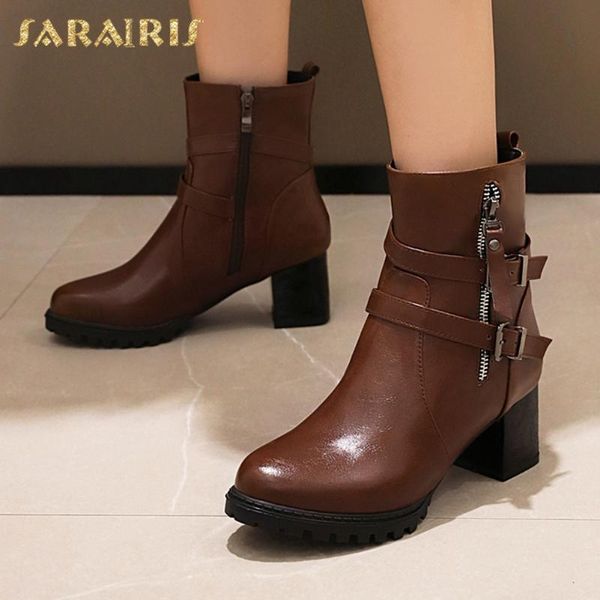 

boots sarairis 2021 arrivals motorcycle women shoes platform chunky heels zipper add fur autumn winter ladies, Black