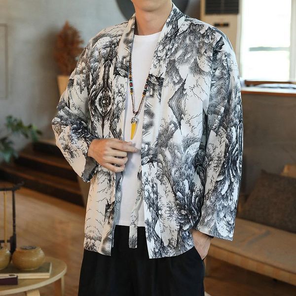 

men's casual shirts -5xl plus size men kimono shirt fashion streetwear individuality printed blouse funny tee belt linen xxxxxl1, White;black