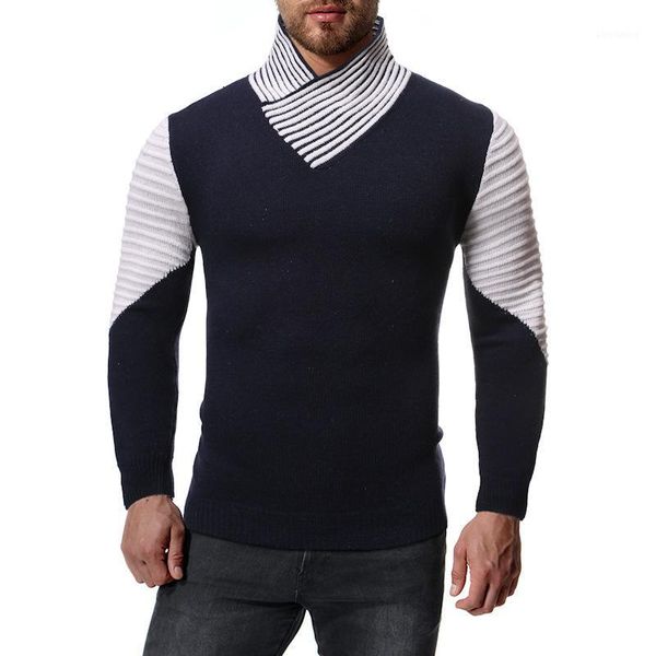 

men mandarin collar pullover autumn winter warm patchwork slim fit long sleeve fashion clothes knitted cotton casual sweater1, White;black