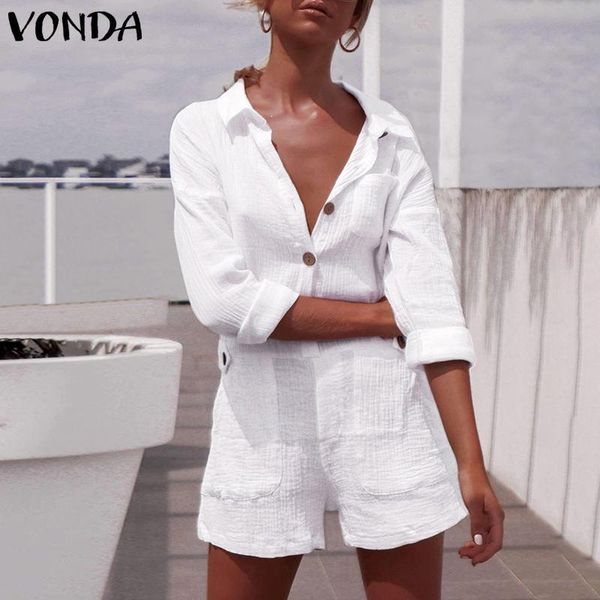 

office rompers women jumpsuits 2020 vonda summer v neck solid color loose short playsuits bohemian overalls femme, Black;white