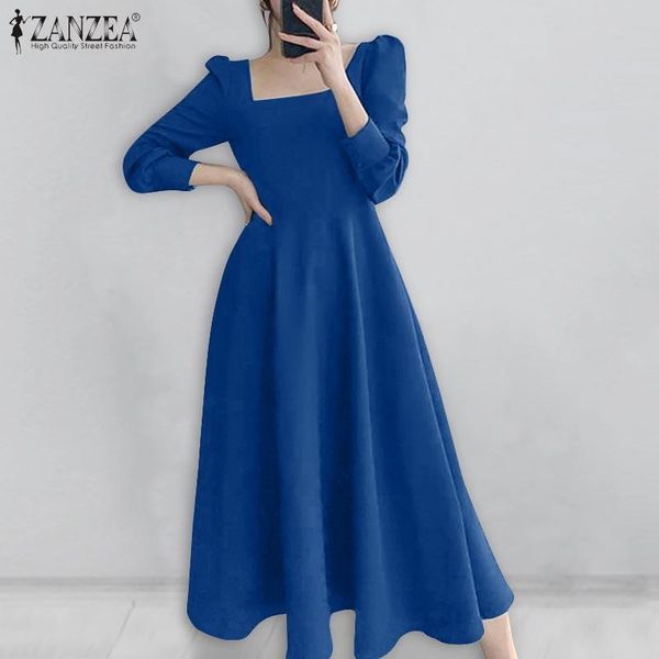 

party holiday solid kaftan 5xl womens 2021 fashion midi dress zanzea spring autumn vestidos female elegant square collar dresses, Black;gray