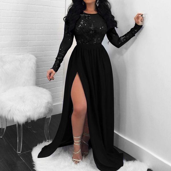 

2021 2021 new sequins women's party dress see through the ribbon mesh sleeve without long, elegant black back split night long 8z5b, Black;gray