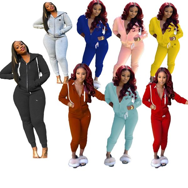 

fall winter women tracksuits two pieces set long sleeve hooded zipper cardigan trousers outfits letter print solid color ladies sportswear, Gray