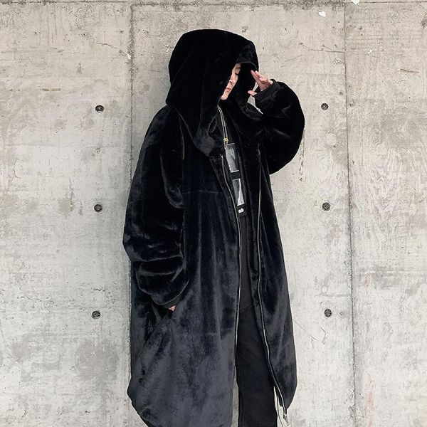 

winter new ins jacket lamb hair mid-length trend street hooded cotton-padded men plus velvet thick loose warm clothes long coat, Tan;black