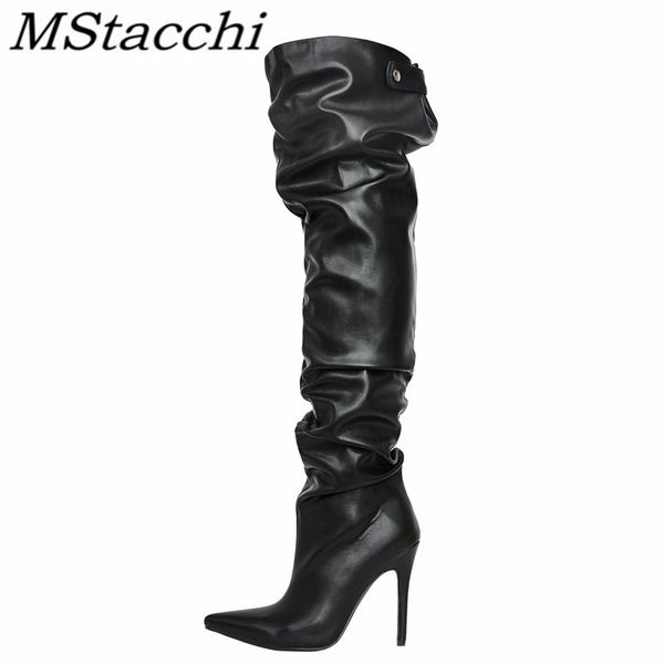 

mstacchi пряжки большого размера 33-46 женщины boots тонкие каблуки solid color sexy указал 2020 новая мода женская обувь cuissardes bottes, Black