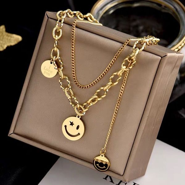 

Smiley Face Double-layered Collarbone Chain Female Hip-hop Street Cool Girl Thick Chain Accessories Personality Necklace Tide, Silver