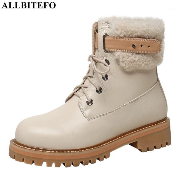 

allbitefo natural wool design genuine leather women boots thick heel non-slip winter fashion warm ankle boots high heel1, Black