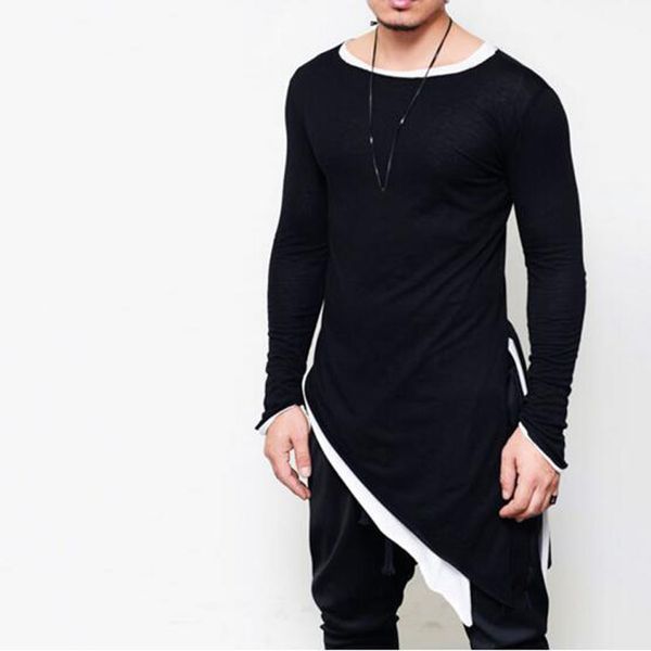 

new fashion asymmetrical men long t shirt side split long sleeve t-shirt hip hip tee vintage streetwear gothic 201004, White;black