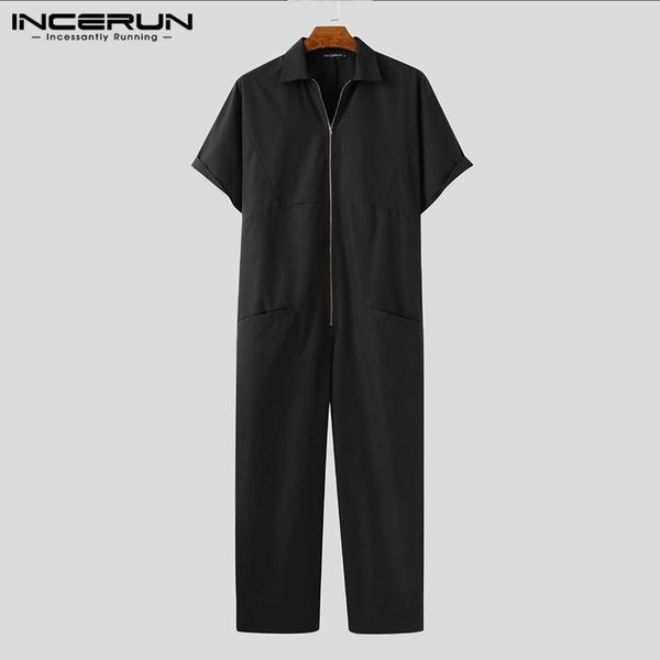 

men jumpsuit solid zipper shortsleeve pockets joggers fashion streetwear rompers casual mens cargo overalls pants s-5xl incerun, Black