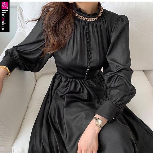 

women button design o-neck long sleeve maxi solid elegant dress1, Black;gray
