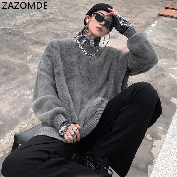 

2020 autumn & winter new fashion mink cashmere sweaters mens turn-down collar turtleneck thick loose pullover c1222, Black