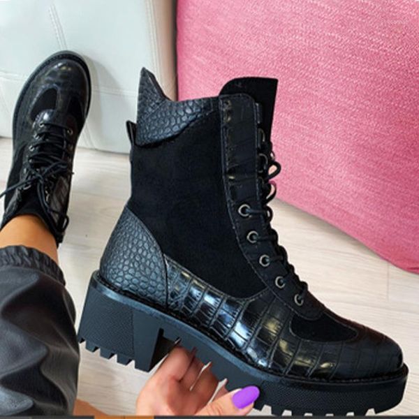 

boots women's platform ankle fashion 2021 women waterproof shoe female anti-skid boot leather mid heel lace up drop1, Black