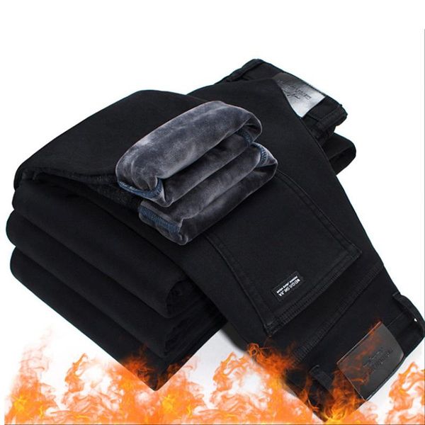 

men's jeans 2021 fashion winter men black slim fit stretch thick velvet pants warm mens clothing casual fleece trousers male, Blue