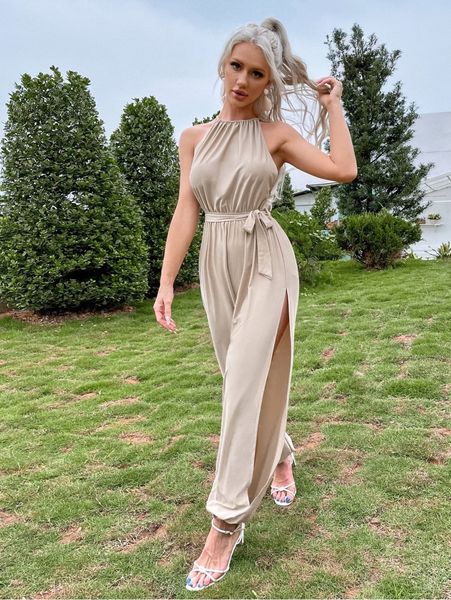 

eilly bazar halterneck belted split jumpsuit z2m6#, White