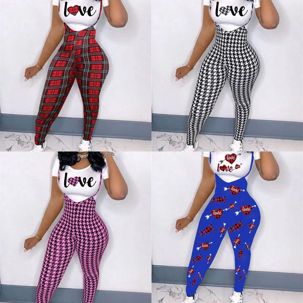 

summer women clothes designer jumpsuits rompers skinny bodysuits overalls suspender pants letter plaid printed t-shirt set sale h12203, White