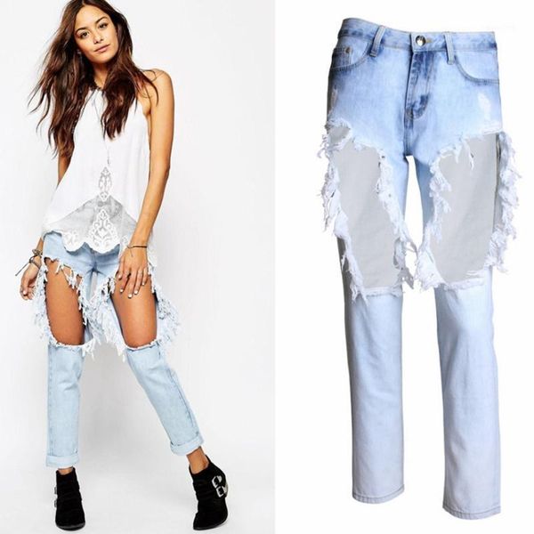 

spring fall summer straight leg jeans ripped jeans for women mom high waist1, Blue