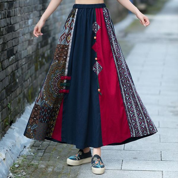 

faldas mujer moda 2021 vintage skirts womens autumn winter mexico style ethnic long print patchwork midi skirt longuette, Black