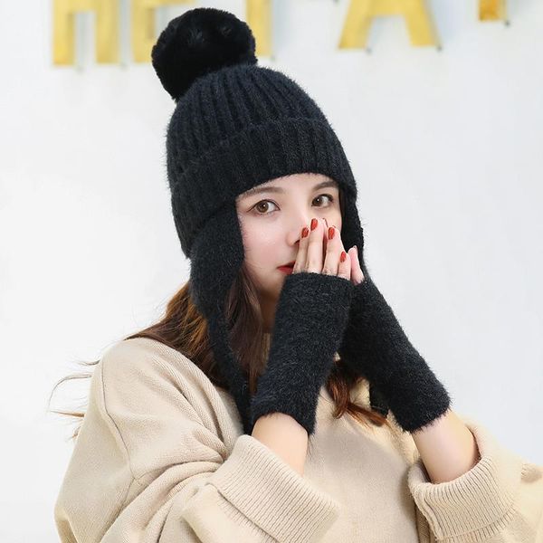 

simple warm ski brand rabbit fur pom poms warm gloves + knit hat set winter women wool beanie hat thick skullies female sqcddc pingtoy, Black;white