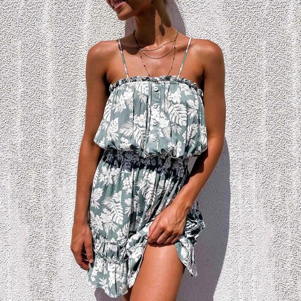 

summer floral print sleeveless mini dress casual spaghetti strap short dress ladies ruffles high waist women beach, Black;gray