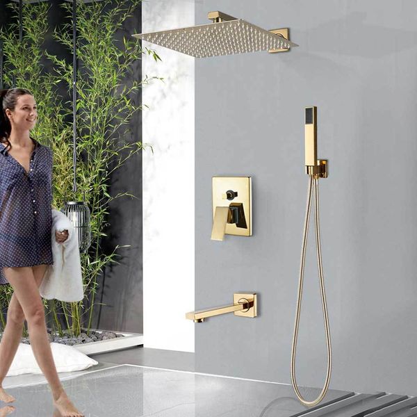 

golden rainfall shower faucet set wall mount stainless steel 8/10/12" head shower mixer tap conceealed install bath shower tap 1011