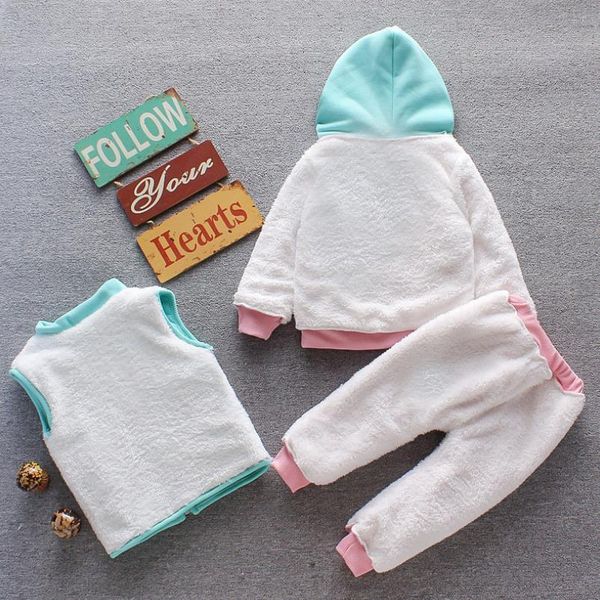 

2020 new baby boys girls christmas cartoon winter hooded plush warm vest coat+sweatshirt+pants infant children sports suit lj201203, White