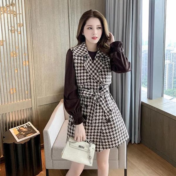 

women's vests women plaid waistband vest houndstooth sleeveless jacket, Black;white