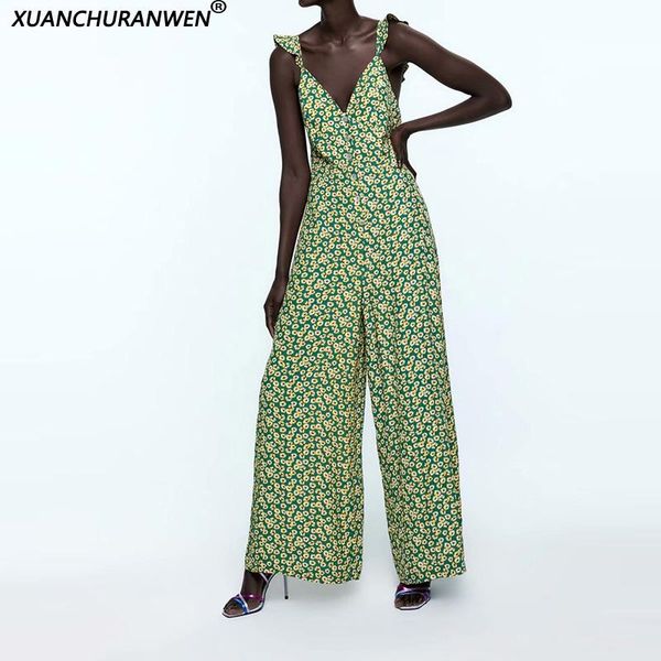 

women's jumpsuits & rompers women floral wide leg jumpsuit sleeveless deep v neck camis spaghetti strap pants high waist one piece xz20, Black;white