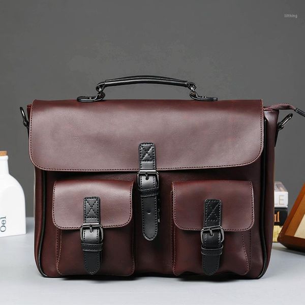 

retro leisure briefcase large capacity men's bag shoulder slung trend bag men's pu handbags1