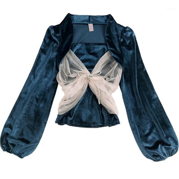 

autumn new niche velvet blouse women's nipped waist square collar mesh patchwork european style slim shirts fenale ll10061, White