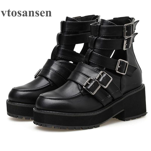 

buckle gothic black leather boots women hollow out chunky heel autumn female with zipper drop shipping shoes