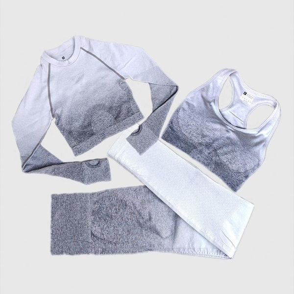 

женщины йога set gym ombre gradient бесшовные высокой талией леггинсы + топ с длинным рукавом + бюстгальтер тренировки спортивный костюм фит
