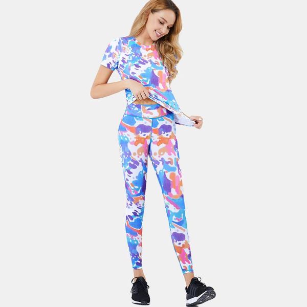 

2021 selling women's ink printing yoga suit short sleeve vest high elastic waist tights two piece set, White;red