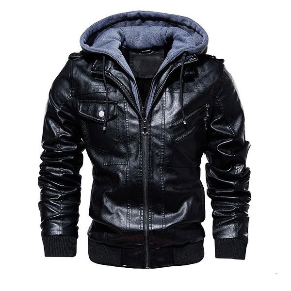 

men's fur & faux men motorcycle jackets winter male fashion casual hooded jacket mens warm pu leather coats 2021, Black
