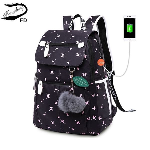 

fengdong female fashion school backpack usb school bags for girls black backpack plush ball girl schoolbag butterfly decoration t200114