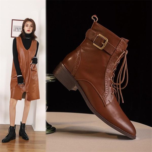 

women winter genuine leather ankle boots round toe women boots with zipper lace up chunky heel wear-resistant beef tendon bottom, Black