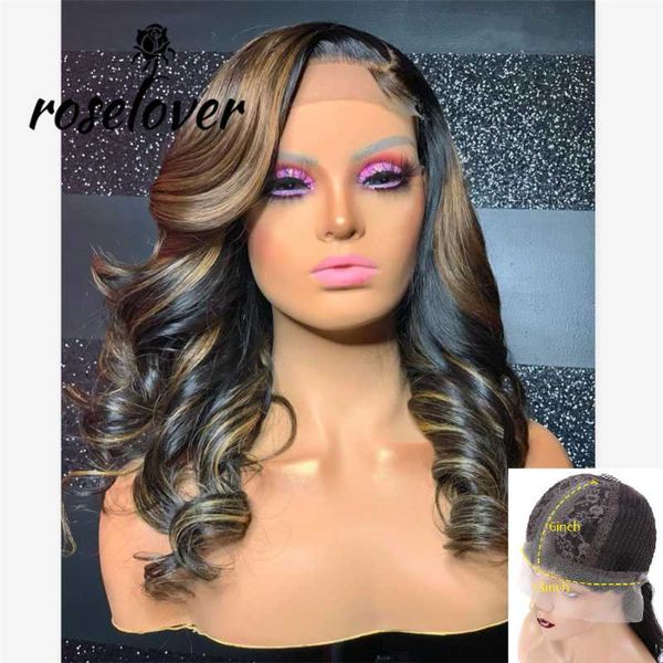 

roselover transparent lace 4/27 highlight wig brazilian body wave wig lace part ombre human hair 180 density remy wigs, Black;brown