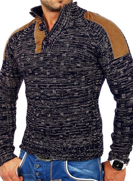 

men's stand collar suede chunky knit pullover, White;black