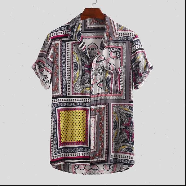 

2021 summer vintage ethnic style men shirt loose printing button short sleeve vacation beach hawaiian shirts camisa, White;black