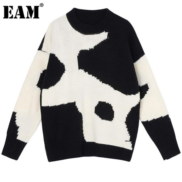 

eam] black pattern big size knitting sweater loose round neck long sleeve women pullovers new fashion autumn winter 2020 1db843, White;black