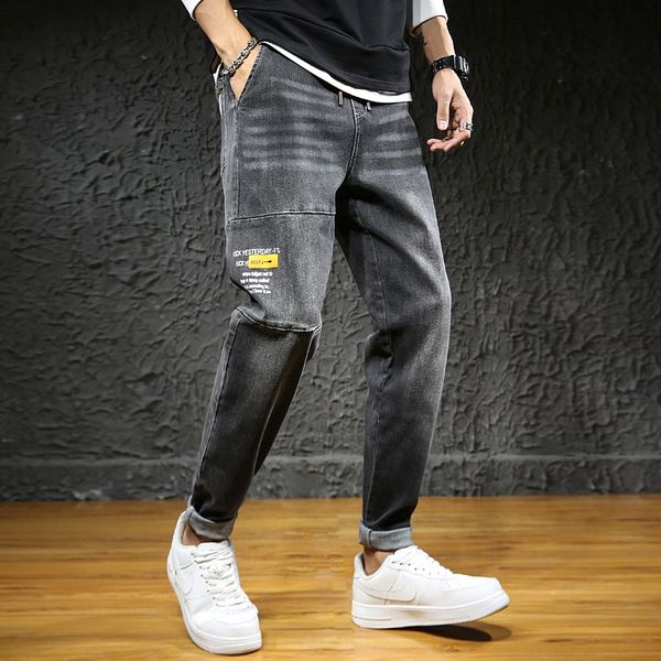 

autumn winter new fattening and oversized harem pants for men's trend elastic waist and jeans printed jeans for men's harem pants, Blue