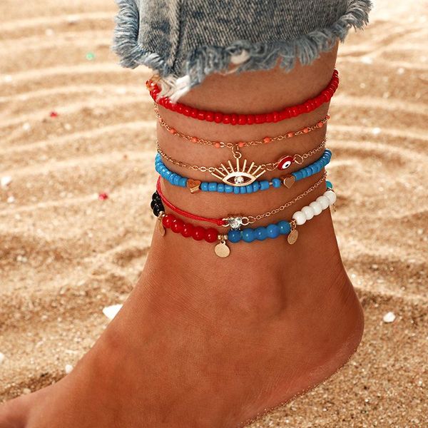 

bohemian beaded ankle bracelets set multilayer rhinestone evil eye charm chain bracelets women anklet foot jewelry gift 6pcs h wmtnet, Red;blue