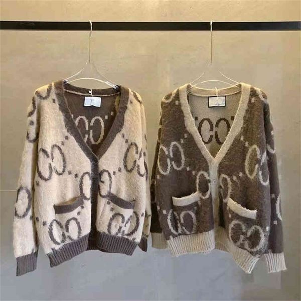 

correct version winter yangqing same light cooked wind mohair double letter contrast color v-neck cardigan women's knitted coat, White;black