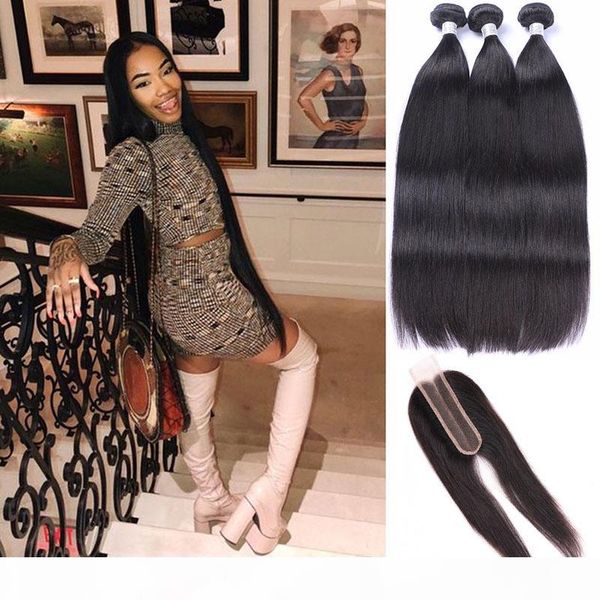 

indian virgin hair 3 bundles with 2x6 lace closure baby hair straight human hair bundles with 2*6 lace closure 8-30inch, Black;brown