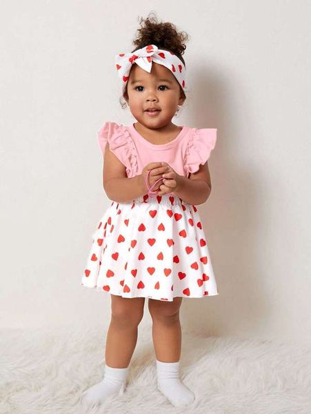 

baby heart print ruffle trim combo bodysuit dress with headband she, Red;yellow