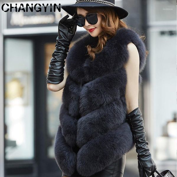 

changyin black fur vest long waistcoat for women sleeveless winter vestv neck loose plus size autumn coats clothes fashion1, Black;white