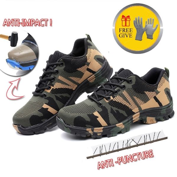 Botas de sapatos à prova de perfuração de trabalho de segurança com tampa de dedo do pé de aço Camo respirável malha sapatos casuais sapatilhas Mens Y200915