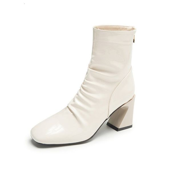 

new women's ankle boots square toe ladies footwear slip-on pu leather fashion short fold botas mujer 2021 1 y7ef, Black